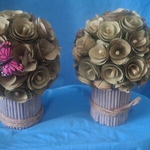 Handmade Olive Green Rose Topiary Pair - Home Accents